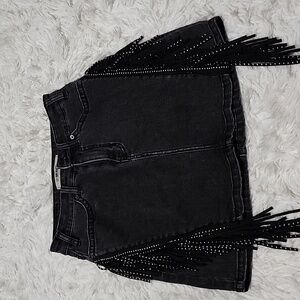 Rock&Roll Denim Black Denim Fringe Skirt High Rise